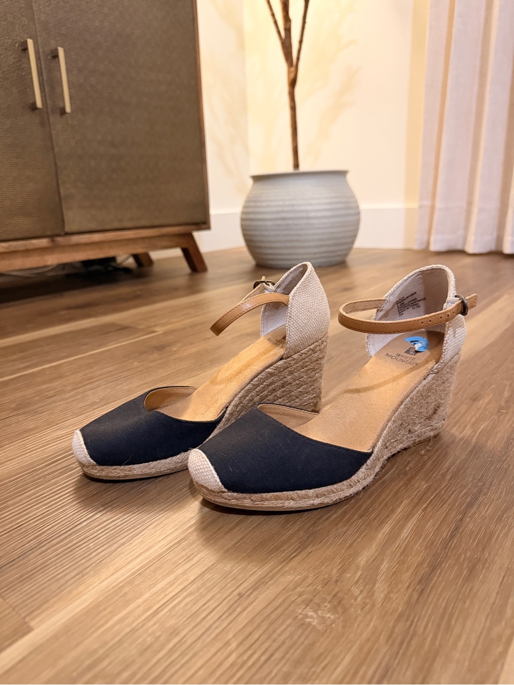 White Mountain Black and Tan Espadrille Wedges with Ankle Strap